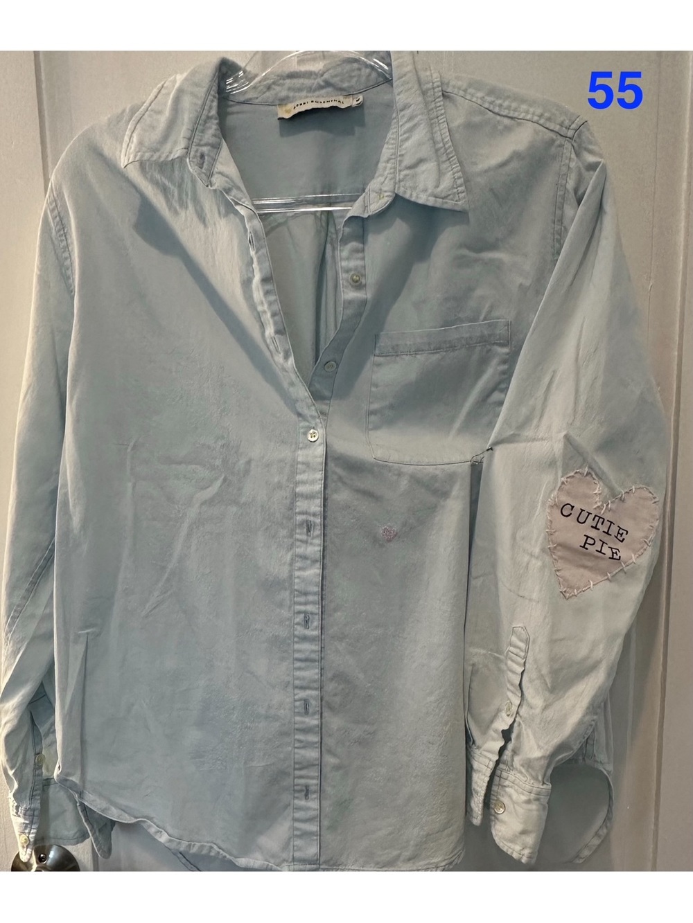 KERRI ROSENTHAL Light Blue Button-Up Shirt with 'Cutie Pie' W/Heart Patches